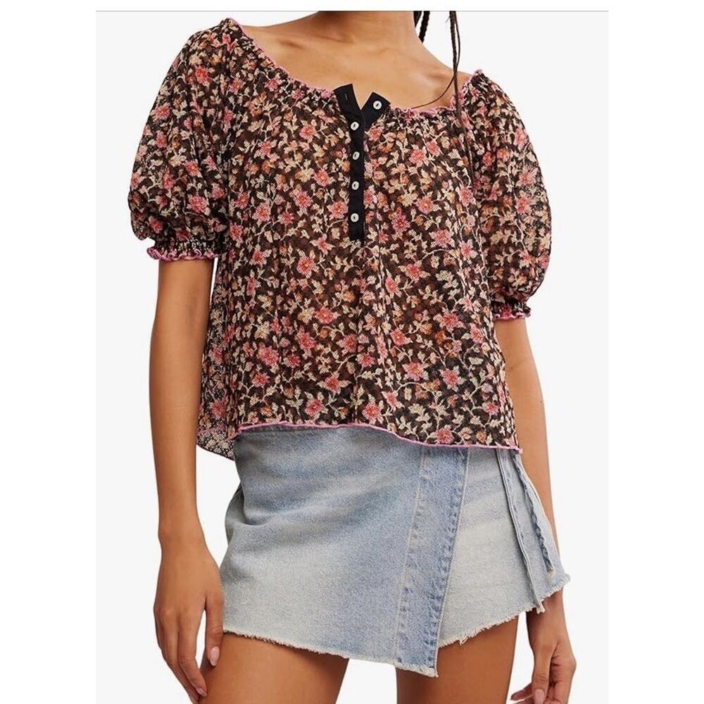 Free People Astra Short Sleeve Peasant Top Sz‎ S NWT Black Rose Floral Sheer $78
